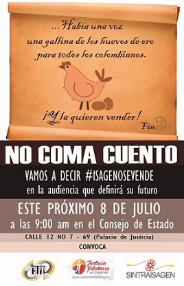 Concentración en defensa de Isagén este próximo 8 de julio